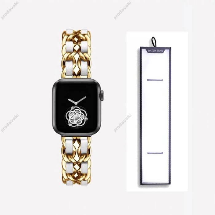 Ремінець Chanel Leather для Apple Watch 42mm / 44mm / 45mm Gold / White
