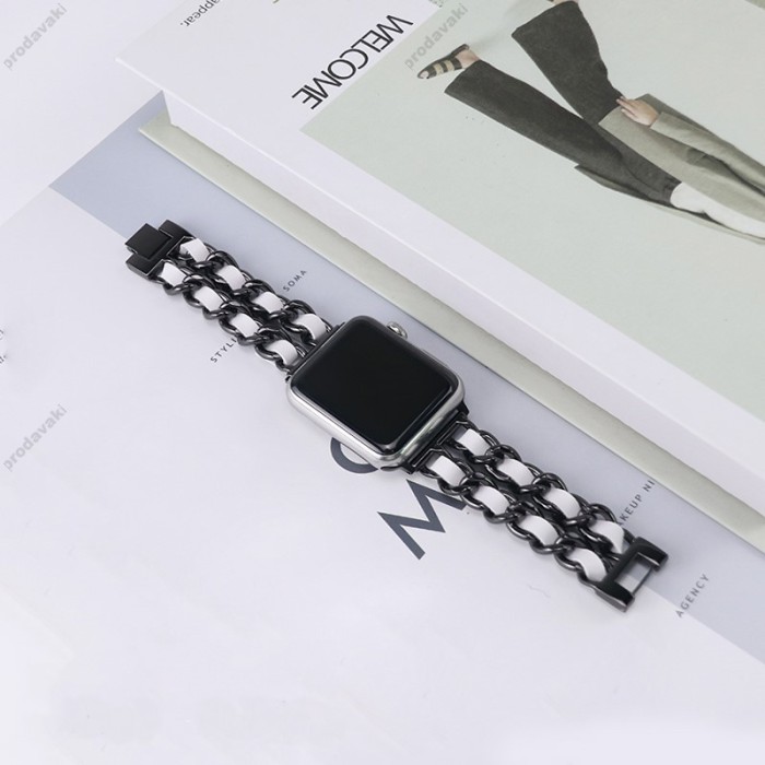Ремінець Chanel Leather для Apple Watch 42mm / 44mm / 45mm Black / White