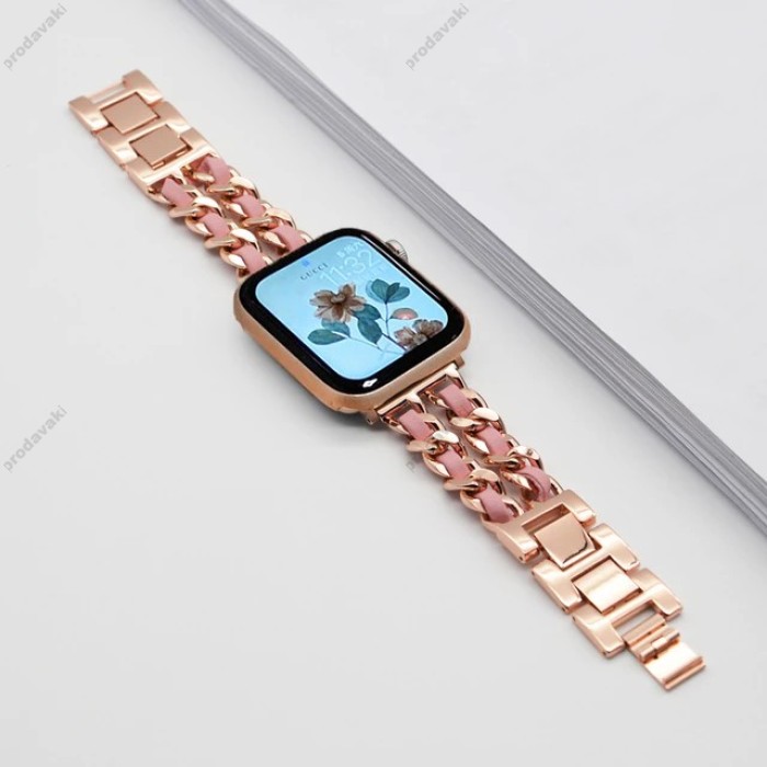 Ремінець Chanel Leather для Apple Watch 38mm / 40mm / 41mm Gold / Pink