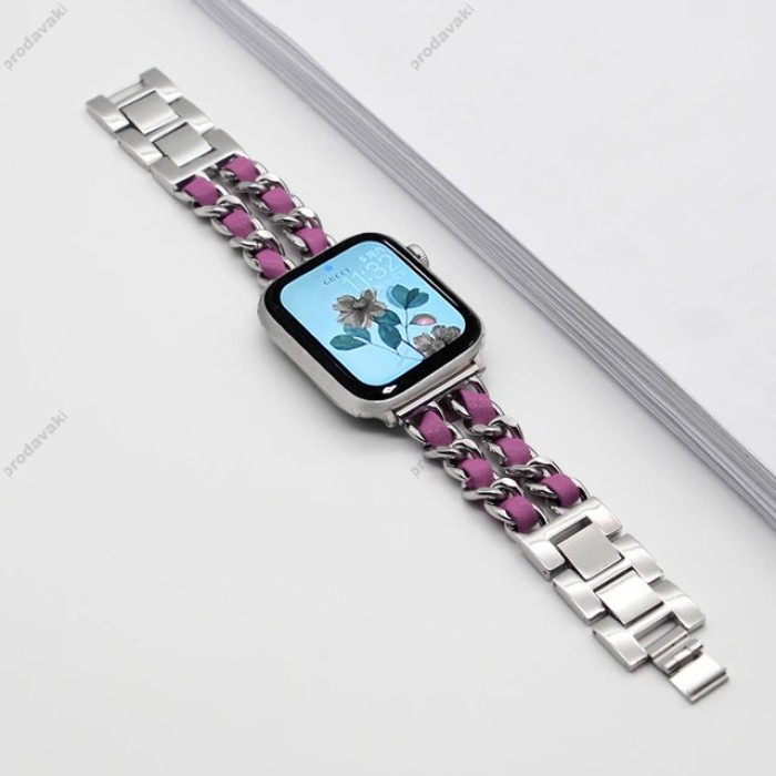 Ремінець Chanel Leather для Apple Watch 42mm / 44mm / 45mm Silver / Rose Red