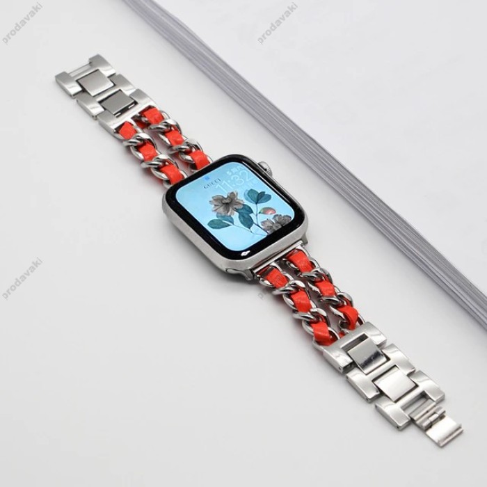 Ремінець Chanel Leather для Apple Watch 38mm / 40mm / 41mm Silver / Orange
