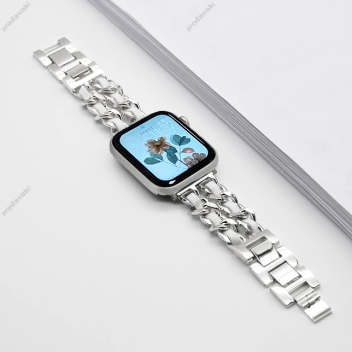 Ремінець Chanel Leather для Apple Watch 42mm / 44mm / 45mm Silver / Silver