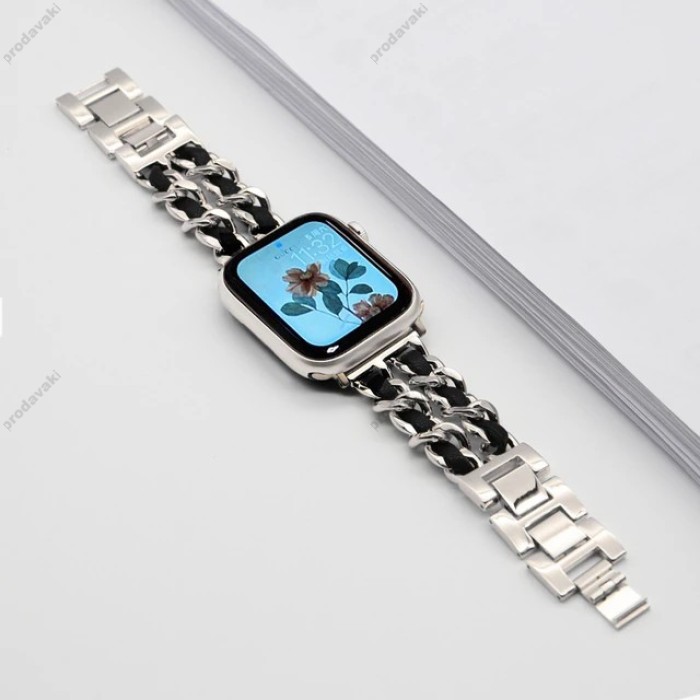 Ремінець Chanel Leather для Apple Watch 38mm / 40mm / 41mm Silver / Black