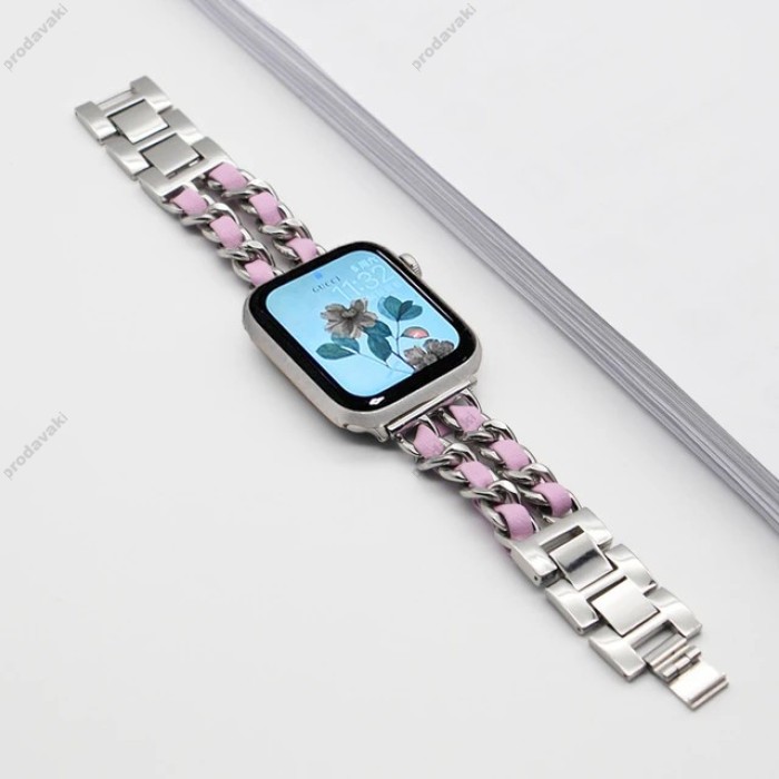 Ремінець Chanel Leather для Apple Watch 42mm / 44mm / 45mm Silver / Pink