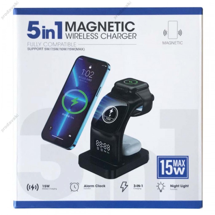 Бездротова зарядка 5 IN1 Y5 MAGSAFE (iPhone, iWatch, AirPods,Clock) 15W FAST Black