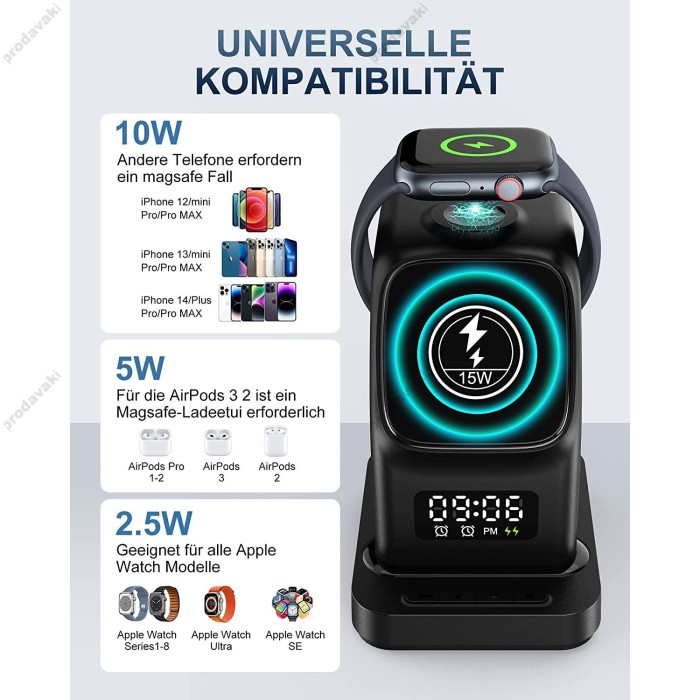 Бездротова зарядка 5 IN1 Y5 MAGSAFE (iPhone, iWatch, AirPods,Clock) 15W FAST Black