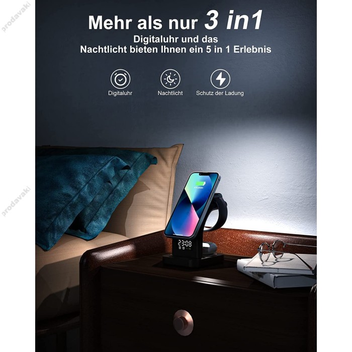 Бездротова зарядка 5 IN1 Y5 MAGSAFE (iPhone, iWatch, AirPods,Clock) 15W FAST Black