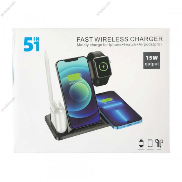 Бездротова зарядка 5 IN1 ZL (2iPhone, iWatch, AirPods,Stylus) 15W FAST Black
