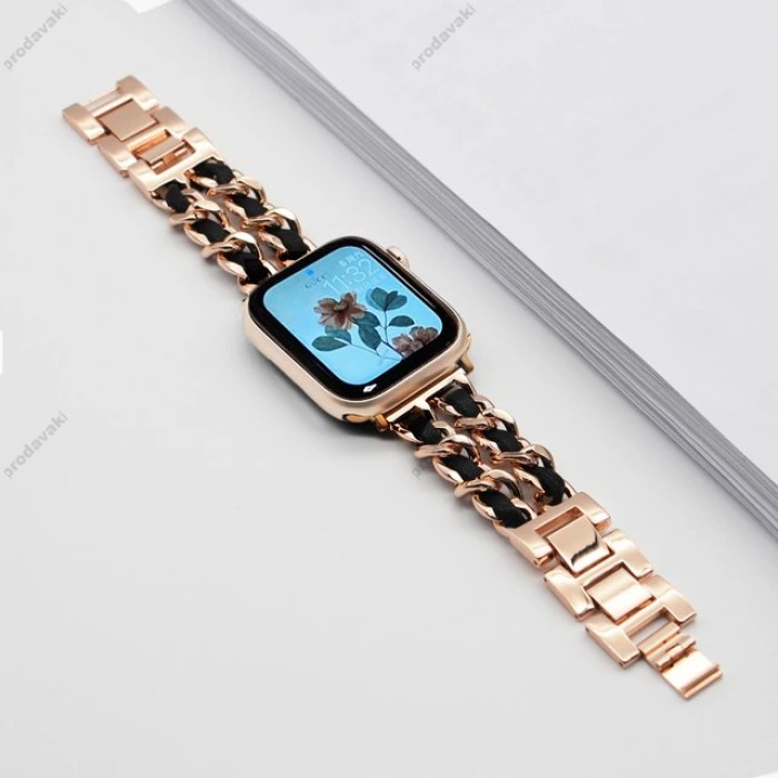 Ремінець Chanel Leather для Apple Watch 42mm / 44mm / 45mm Rose Gold / Black