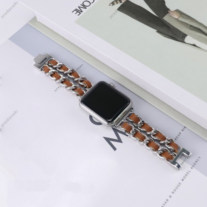 Ремінець Chanel Leather для Apple Watch 38mm / 40mm / 41mm Silver / Brown