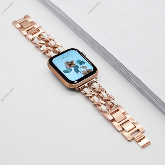 Ремінець Chanel Leather для Apple Watch 38mm / 40mm / 41mm Rose Gold / White