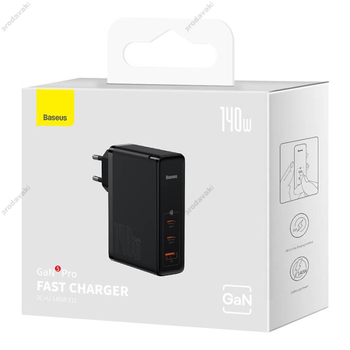 Мережевий зарядний пристрій Baseus GaN5 Pro Fast Charger 2C+U Type-C cable 140W Black CCGP100201