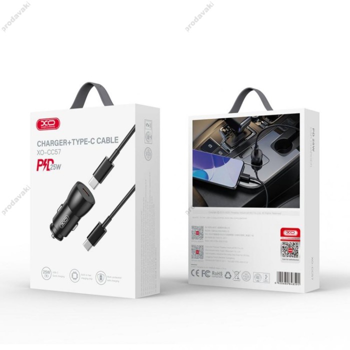 Автомобільний зарядний пристрій XO CC57 2в1 + Type-C to Type-C PD 25W Black