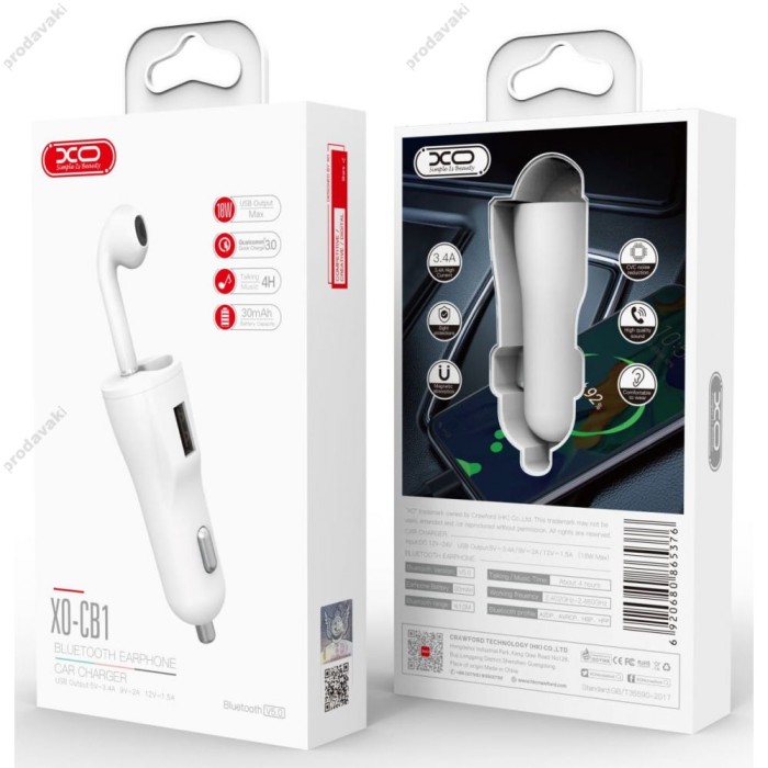 Автомобільний зарядний пристрій XO CB1 1USB QC3.0 3.4A 18W White
