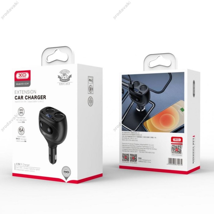 Автомобільний зарядний пристрій розгалужувач XO CC41 4в1 2USB / 6A Black