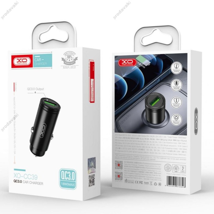 Автомобільний зарядний пристрій XO CC39 QC3.0 3A 18W Black