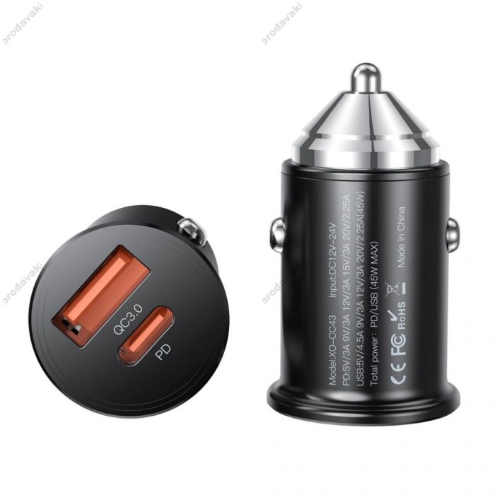 Автомобільний зарядний пристрій XO CC43 QC3.0 4.5A 45W Black