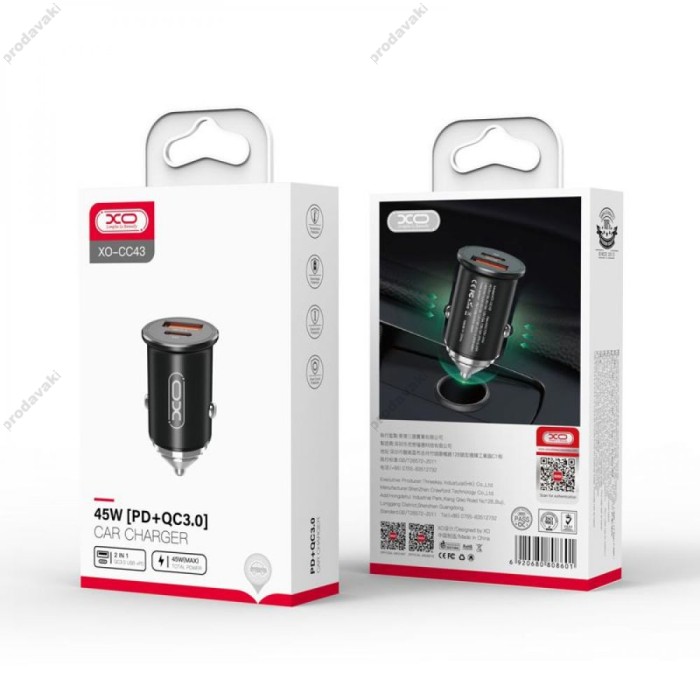 Автомобільний зарядний пристрій XO CC43 QC3.0 4.5A 45W Black