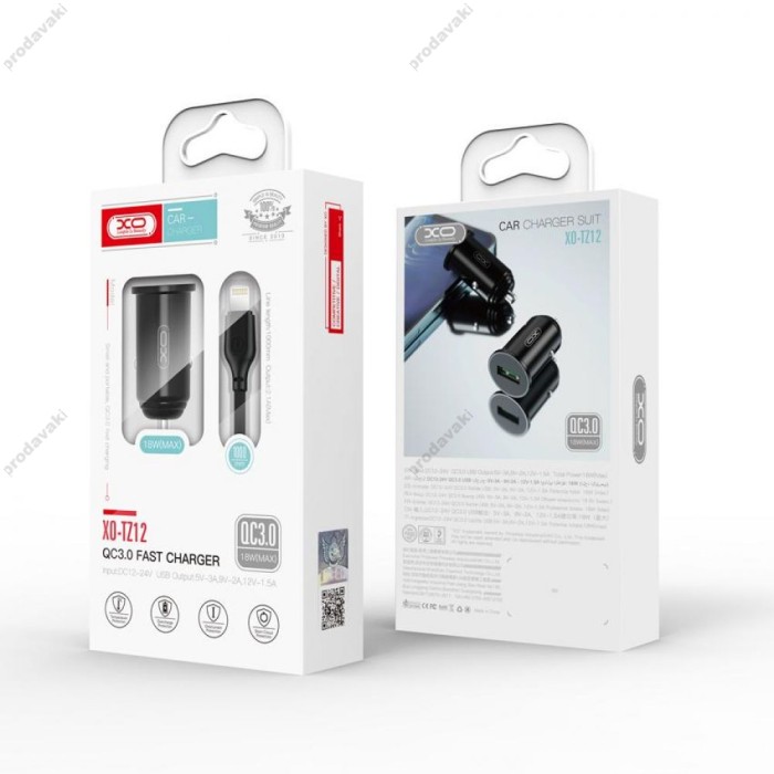 Автомобільний зарядний пристрій XO TZ12 + Lightning 1USB QC3.0 3A 18W Black