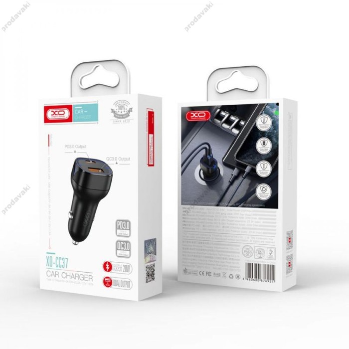 Автомобільний зарядний пристрій XO CC37 PD QC3.0 3A 20W Black