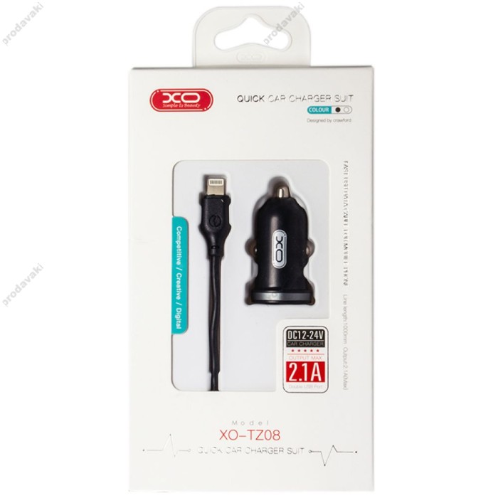 Автомобільний зарядний пристрій XO TZ08 + Lightning 2USB 2.1А Black