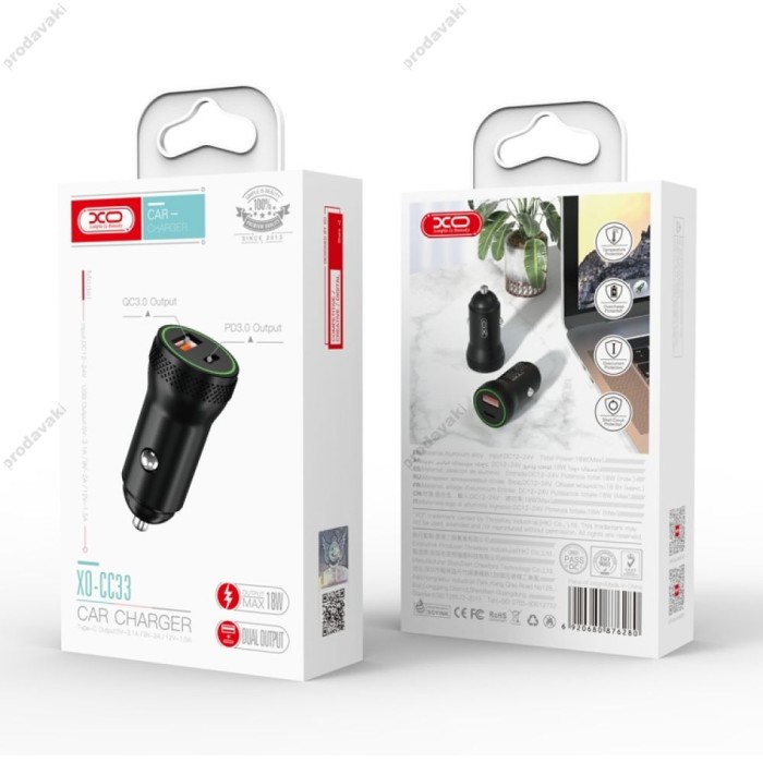Автомобільний зарядний пристрій XO CC33 QC3.0 18W Black