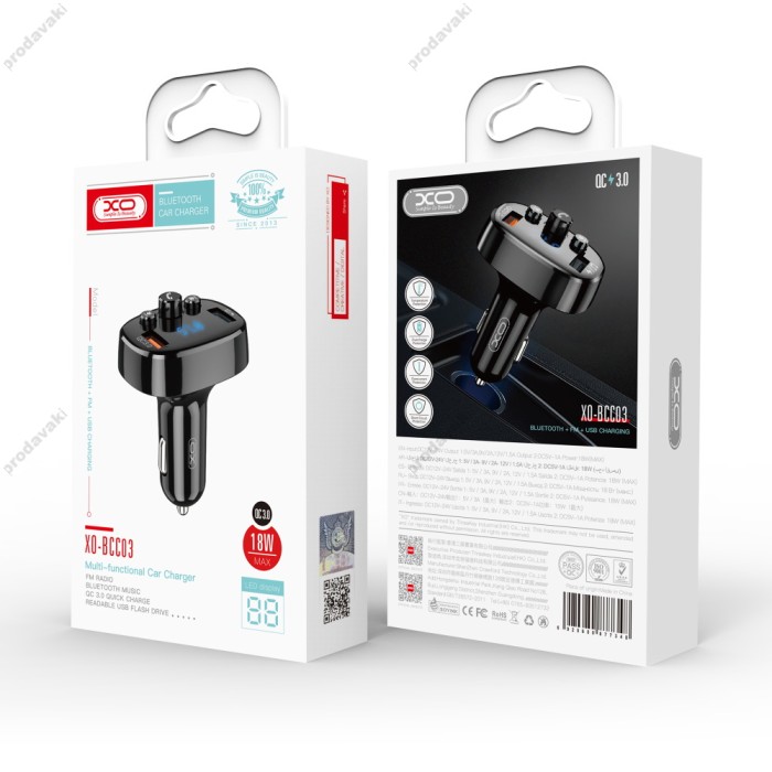 FM - трансмітер XO BCC03 2USB QC3.0 18W Black