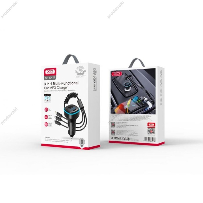 FM - трансмітер XO BCC07 PD 3.1A + Lightning / Micro / Type-C black