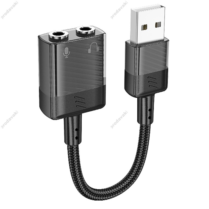 AUX-кабель аудіоадаптер HOCO LS37 Spirit 2-in-1 transparent external sound card for earphones USB to 3.5mm Black