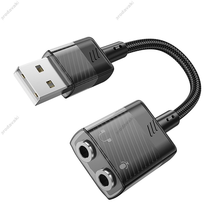 AUX-кабель аудіоадаптер HOCO LS37 Spirit 2-in-1 transparent external sound card for earphones USB to 3.5mm Black