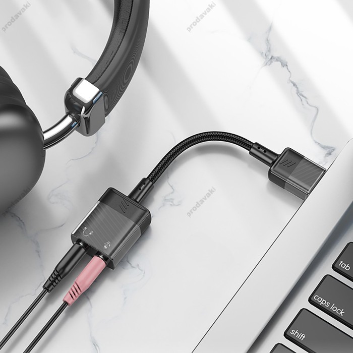 AUX-кабель аудіоадаптер HOCO LS37 Spirit 2-in-1 transparent external sound card for earphones USB to 3.5mm Black