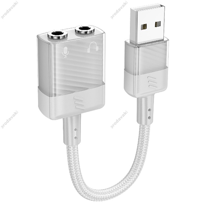 AUX-кабель аудіоадаптер HOCO LS37 Spirit 2-in-1 transparent external sound card for earphones USB to 3.5mm Gray