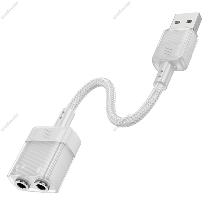 AUX-кабель аудіоадаптер HOCO LS37 Spirit 2-in-1 transparent external sound card for earphones USB to 3.5mm Gray
