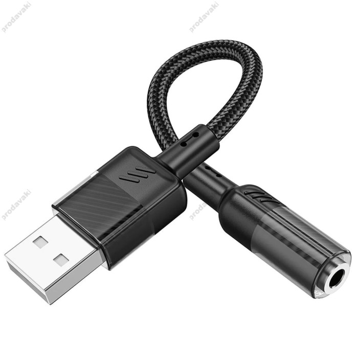AUX-кабель аудіоадаптер HOCO LS37 Spirit transparent external sound card USB to 3.5mm Black