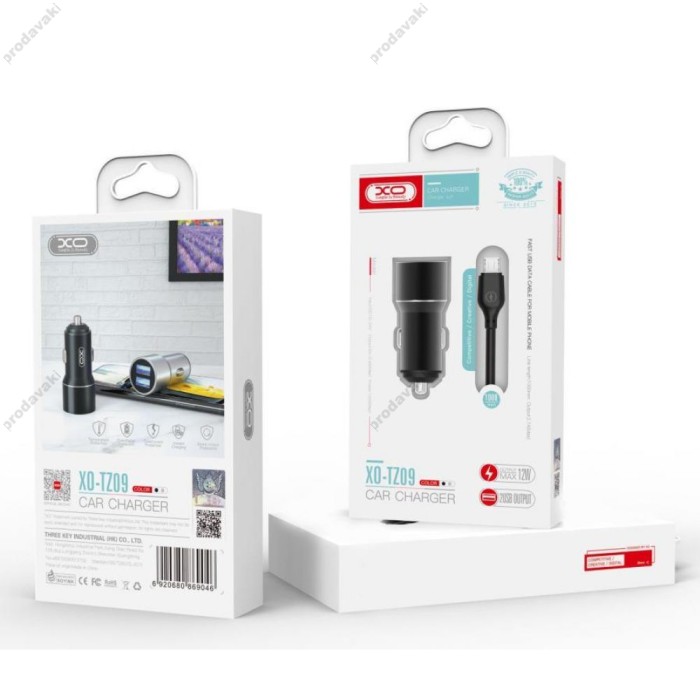 Автомобільний зарядний пристрій XO TZ09 2в1 2USB + Micro USB 12W Black