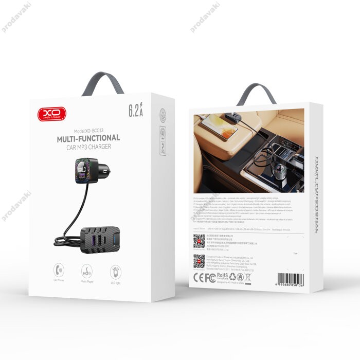 FM - трансмітер XO BCC13 Bluetooth MP3 expansion rear row plug 5V 3.1A Black