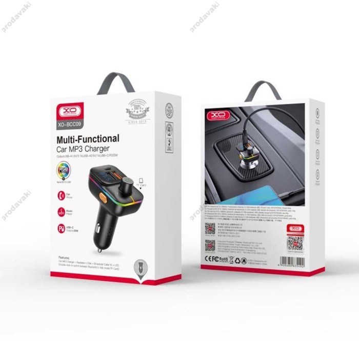 FM - трансмітер XO BCC09 Smart Bluetooth TF card +PD 25W Car charger Black