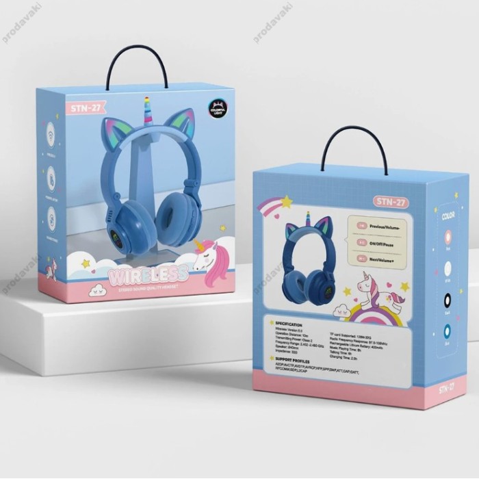 Бездротові Bluetooth навушники LED CH UNICORN STN-27 Blue