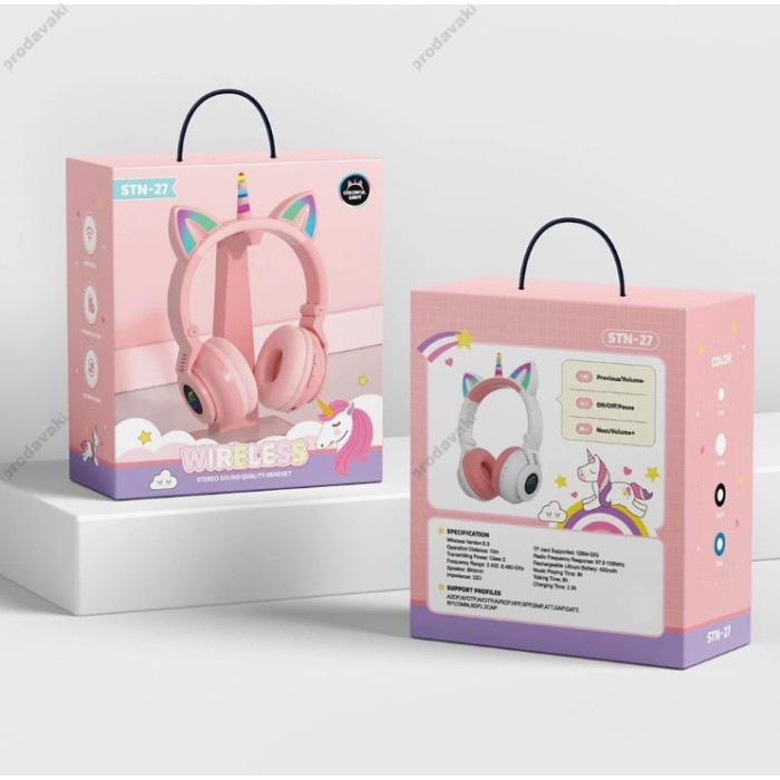Бездротові Bluetooth навушники LED CH UNICORN STN-27 Pink