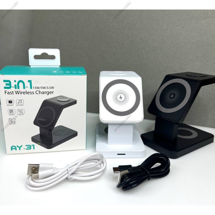 Бездротова зарядка стенд AY31 3 in 1 Fast 15W MagSafe White