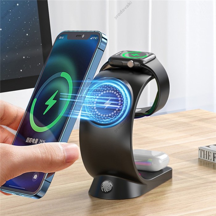 Бездротова зарядка стенд T17 3 IN 1 MagSafe RGB Light (iPhone, iWatch, AirPods) Black