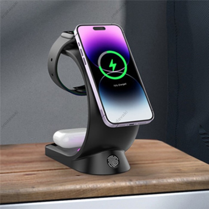 Бездротова зарядка стенд T17 3 IN 1 MagSafe RGB Light (iPhone, iWatch, AirPods) Black