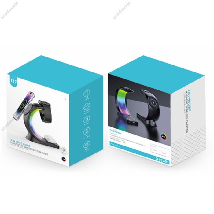 Бездротова зарядка стенд T17 3 IN 1 MagSafe RGB Light (iPhone, iWatch, AirPods) Black