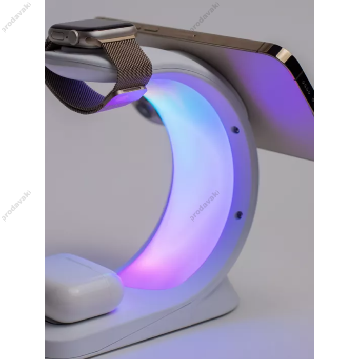 Бездротова зарядка стенд T17 3 IN 1 MagSafe RGB Light (iPhone, iWatch, AirPods) White