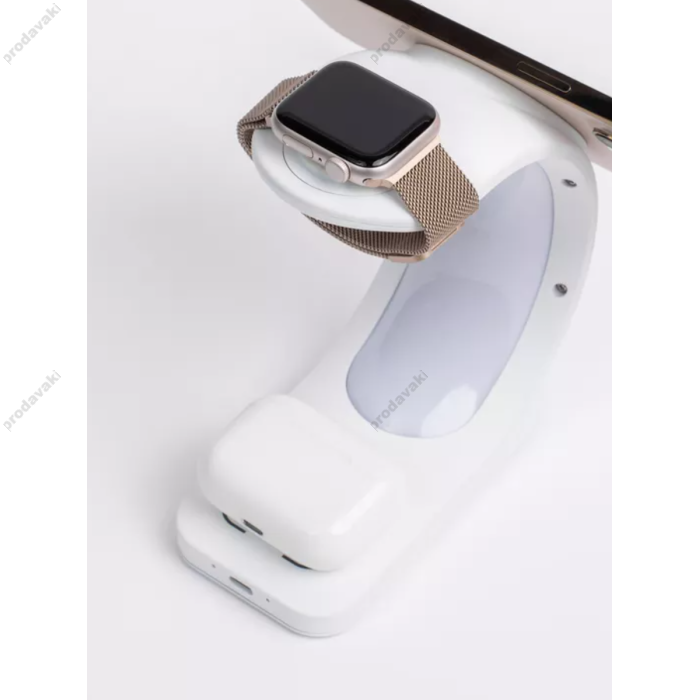 Бездротова зарядка стенд T17 3 IN 1 MagSafe RGB Light (iPhone, iWatch, AirPods) White