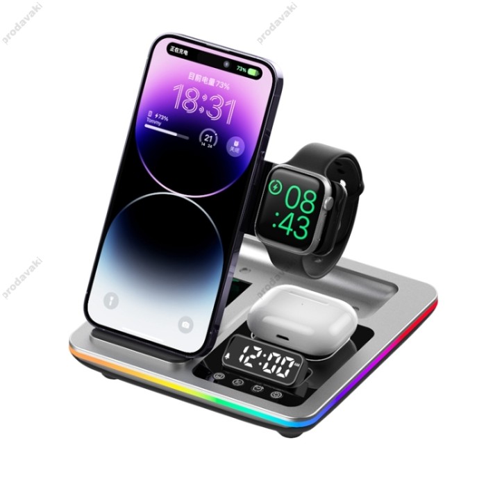 Бездротова зарядка стенд A93 5 IN 1 NEW AUTOMATIC (iPhone, iWatch, AirPods) 25W Silver
