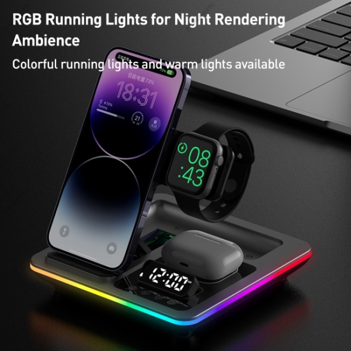 Бездротова зарядка стенд A93 5 IN 1 NEW AUTOMATIC (iPhone, iWatch, AirPods) 25W Black