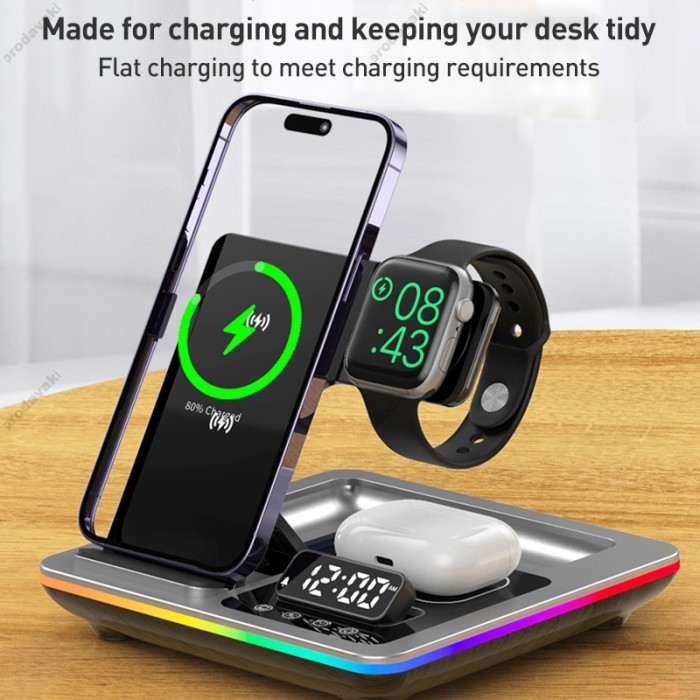 Бездротова зарядка стенд A93 5 IN 1 NEW AUTOMATIC (iPhone, iWatch, AirPods) 25W Black