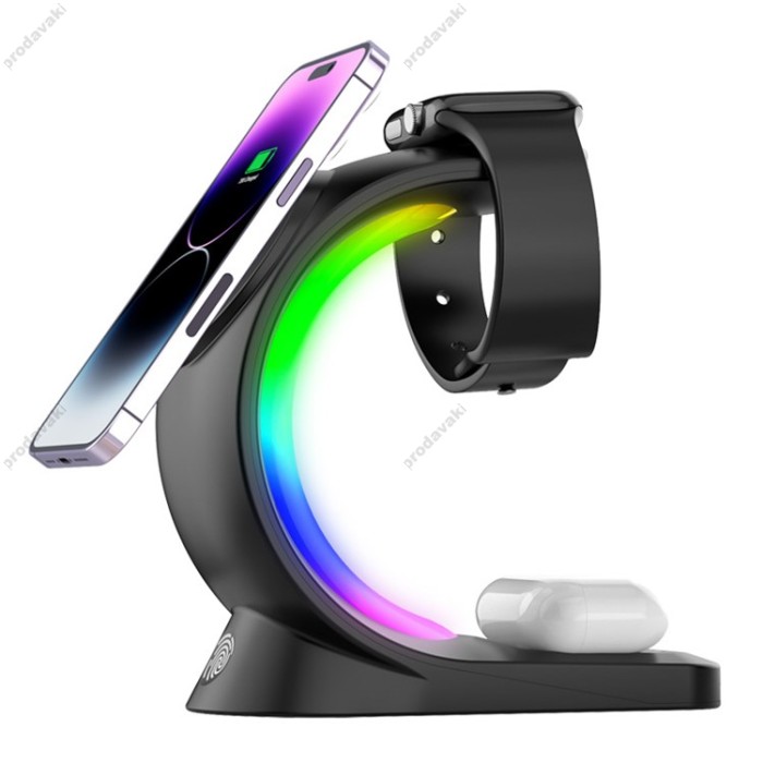 Бездротова зарядка стенд T17 3 IN 1 MagSafe RGB Light (iPhone, iWatch, AirPods) Black