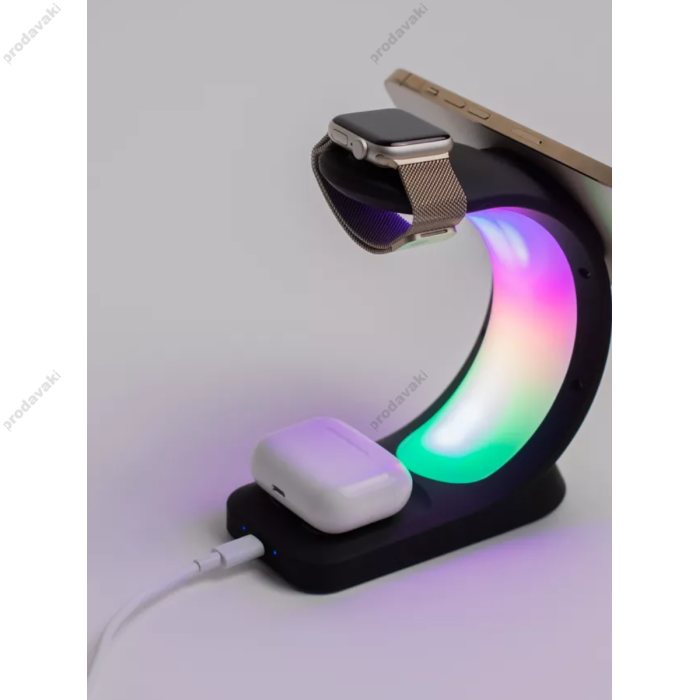 Бездротова зарядка стенд T17 3 IN 1 MagSafe RGB Light (iPhone, iWatch, AirPods) Black
